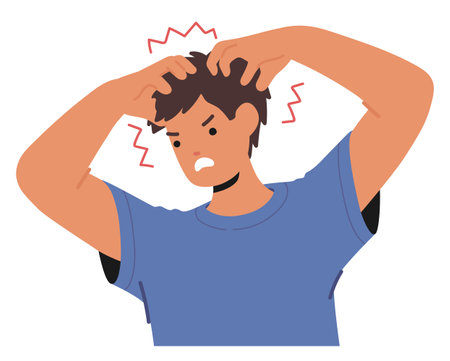 Man With Seborrheic Dermatitis Experiences Itchy, Flaky Scalp With Oily, Red Skin Patches. This Chronic Conditionのイラスト素材