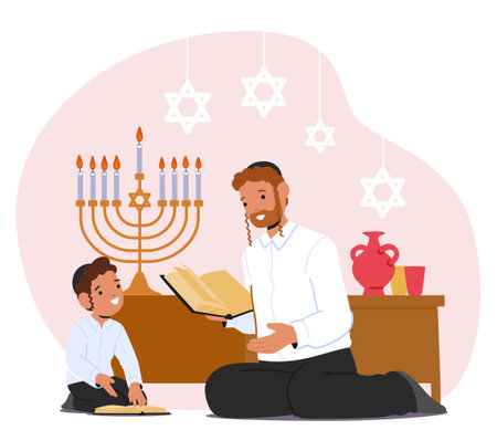 Jewish Child Boy Character Diligently Engage In Torah Study, Guided By Teacher, Immersing In The Sacred Teachingsのイラスト素材