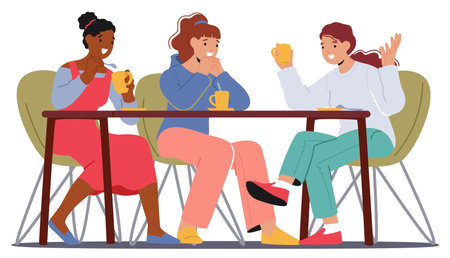 Group Of Women Share Laughter And Stories In A Cozy Cafe, Bonding Over Cups Of Coffee, Vector Illustrationのイラスト素材