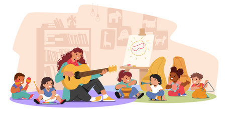 Children In A Music Class Sit On The Floor, Joyfully Exploring Various Instruments, Like Drum, Xylophone, Maracasのイラスト素材