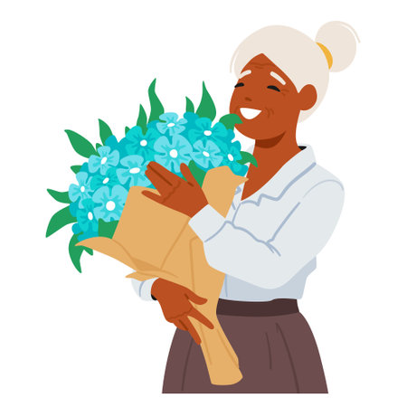 Elegant Black Senior Woman Character Cradles A Vibrant Bouquet of Bright Blue Flowers, Radiating Joy. Old Lady Get Giftのイラスト素材