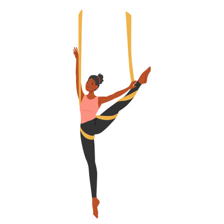 Graceful Woman Character Suspended In Aerial Yoga Hammock with Raised Leg, Flowing Through Poses With Poiseのイラスト素材