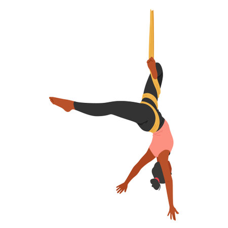 Lissome Woman Character Suspended Upside Down In Silk Hammock, Practicing Aerial Yoga With Fluidity Vector Illustrationのイラスト素材