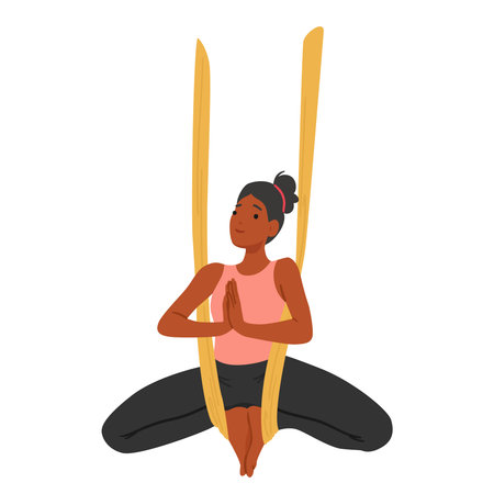 Character Fluid Woman Suspends In Midair, Meditate Through Aerial Yoga Poses On A Silk Hammock. Strength, Flexibilityのイラスト素材