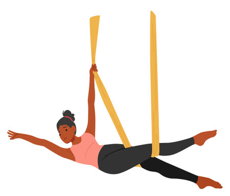 Supple Woman Character Suspended In A Hammock, Practicing Aerial Yoga With Fluidity. Her Body Twists And Extendsのイラスト素材