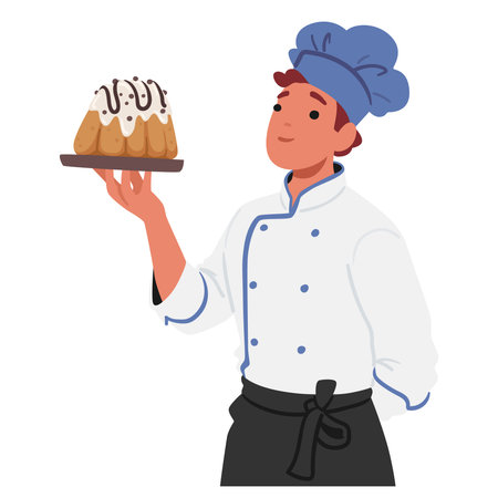 Beaming Confectioner Male Character Holds An Exquisite Tray With A Meticulously Crafted Cake. Pride...
