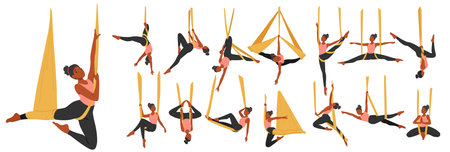 Vector Set Graceful Woman Character Suspended In a Hammock, Flowing Through Aerial Yoga Poses With Effortless Strengthのイラスト素材