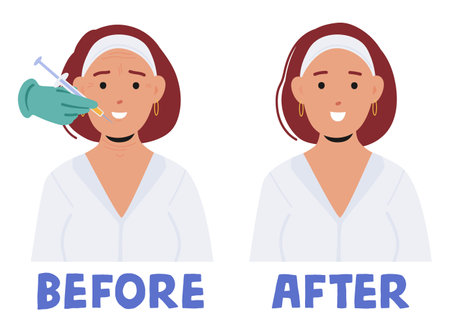 Female Face Before and After Beauty Injections. Before, Contours, Expression Lines Visible, Subtle Asymmetriesのイラスト素材