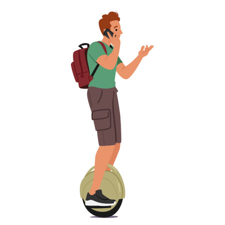 Teenage Boy Masterfully Balances On Electric Unicycle, Zipping Through The Cityscape While Chatting On His Phoneのイラスト素材