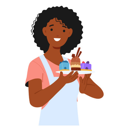 Black Woman Holds Homemade Dessert With Pride, Radiating Joy And Accomplishment, Reflect Her Passion And Skillのイラスト素材