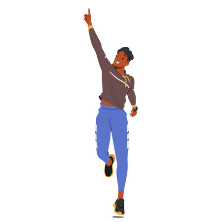 Youthful Runner Athlete Male Character Poised In Motion, With An Index Finger Raised In Determination, Epitomizing Focusのイラスト素材