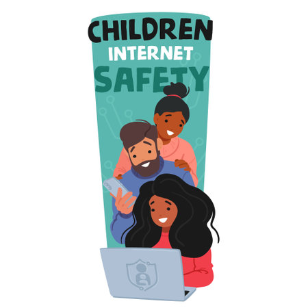 Parent Characters Actively Monitor And Control Their Child Pc Usage, Implementing Filters And Time Limits To Ensure Safeのイラスト素材