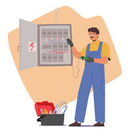Electrician Worker Examine Working Draft Or Measure Voltage At Dashboard, Skillfully Navigating Technical Toolsのイラスト素材