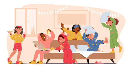 Children Characters At Lively Pajama Party, Feature Cozy Sleepwear, Games, Movies, Snacks, And Giggles, Vectorのイラスト素材
