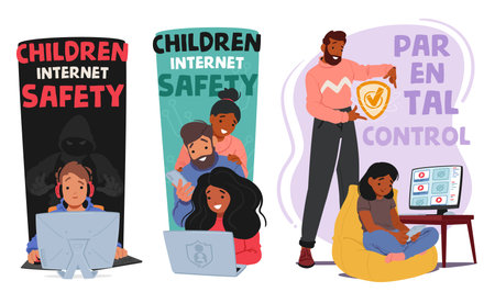 Parental Control, Web Safety Vector Concept. Parents Characters Monitor And Manage Their Children Online Activityのイラスト素材