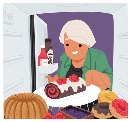Old Female Character Taking Sweets From Refrigerator. Senior Woman Leans Into Her Fridge, Peering Behind Pastriesのイラスト素材