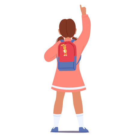 Schoolgirl with Backpack Pointing and looking Up, Rear View. Child Character with Finger Lifted Skywardのイラスト素材