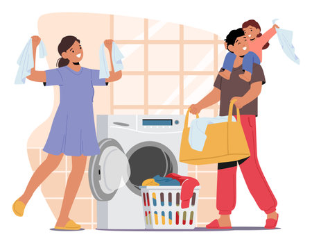 Joyful Scene Unfolds As A Busy Family Characters Parents And Kids Cheerfully Tackles Laundry Together At Homeのイラスト素材