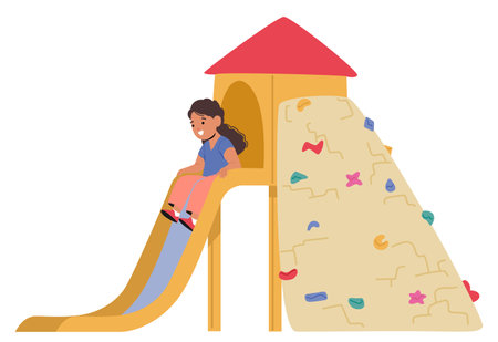 Little Child Girl Character Gleefully Slides Down The Colorful Playground Slide, Laughter Trailing Behindのイラスト素材