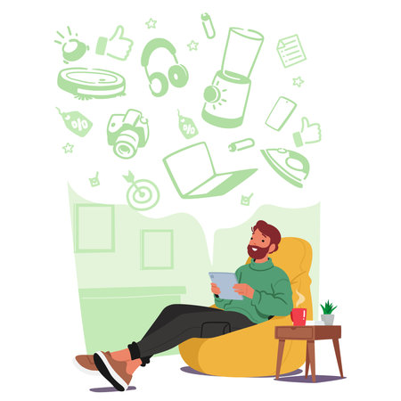 Character Browses And Purchases Household Electronics Online, Selecting Items Such As Kitchen Appliances, Smart Devicesのイラスト素材