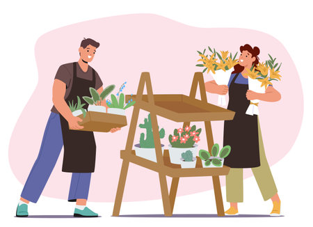 Florist Characters Create And Arrange Floral Designs For Various Occasions And Celebrations, Vector Illustrationのイラスト素材