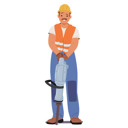 Construction Worker Stands Firmly, Gripping A Jackhammer, Ready To Break Ground With Determination And Strengthのイラスト素材