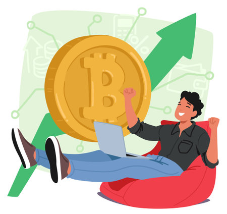 Happy Trader Male Character Rejoice As Bitcoin Cryptocurrency Surges, Spreading Happiness And Excitementのイラスト素材