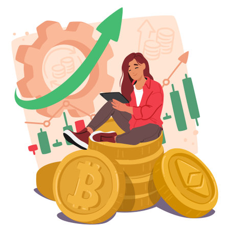 Female Trader Sitting on Huge Cryptocurrency Pile of Coins with Tablet Pc, Engages In Buying And Selling Assetsのイラスト素材