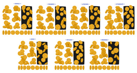 Cryptocurrencies Coins Bitcoin, Litecoin, Ripple and Etherium. Dash, Monero Digital Or Binance Virtual Currenciesのイラスト素材