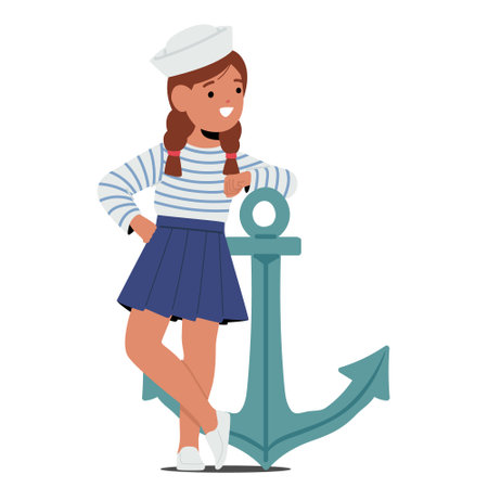 Young Girl Character In A Sailor Costume Leans Gracefully Against An Anchor, Her Eyes Bright With Innocence And Wonderのイラスト素材