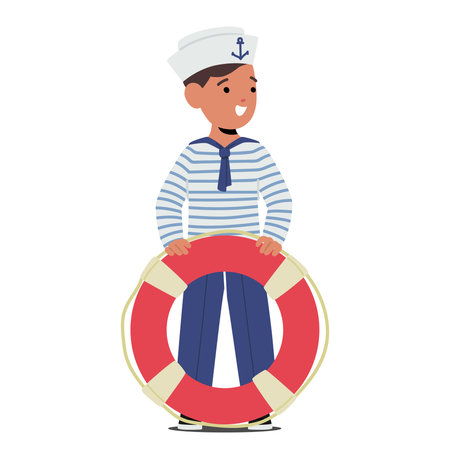 Child Boy Character Dressed In A Sailor Costume and cap Grips A Bright Lifebuoy, His Eyes Gleaming With Excitementのイラスト素材