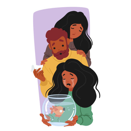 Child Grieving Over The Death Of Their Beloved Fish Pet, Tears Streaming Down The Face, Lifeless Fish In The Bowlのイラスト素材