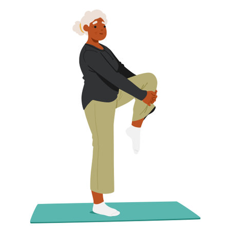 Elderly Woman Demonstrating Her Balance And Flexibility By Standing On One Leg On A Yoga Mat, Vector Illustrationのイラスト素材