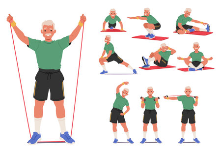 Old Male Character Sport Exercises Vector Set. Whitehaired Elderly Man, Exercising His Arm Joints With A Resistance Bandのイラスト素材