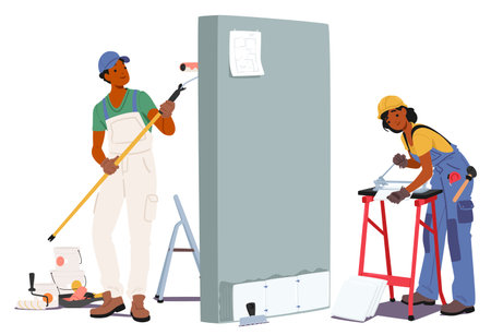 Man And Woman Construction Workers Or Builders Wearing Workwear And Hardhats Painting Wall And Sawing Tilesのイラスト素材