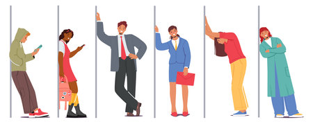 Diverse Group Of Men And Women Leaning Against Wall, Each Exuding A Distinct Demeanor Cartoon People Vector Illustrationのイラスト素材