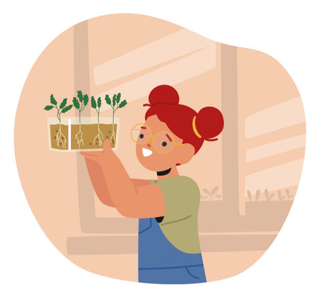 Young Girl Character Is Cradling A Potted Plants In Her Arms, Her Joyful Expression Conveying Happinessのイラスト素材