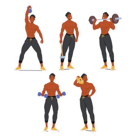 Bodybuilder Character Lifting Barbell, Kettlebell and Dumbbells Overhead, Exhibiting The Sculpted Upper Bodyのイラスト素材
