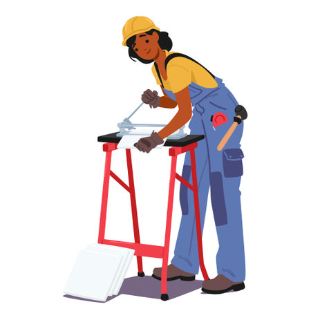 Female Construction Worker in Protective Gear, A Yellow Hard Hat, Orange Vest, And Blue Overalls, Using A Hand Sawのイラスト素材