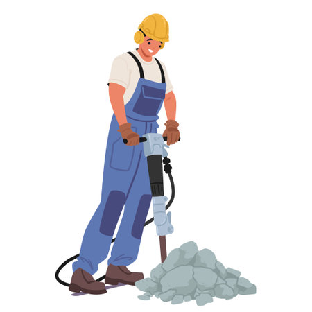Construction Worker Wearing A Yellow Hard Hat, And Blue Overalls Operating A Jackhammer Tool, Vector Illustrationのイラスト素材