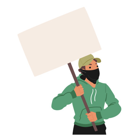 Aggressive Character Wearing A Green Hoodie And Black Mask Holds Up A Blank Protest Sign, Looking Determinedのイラスト素材