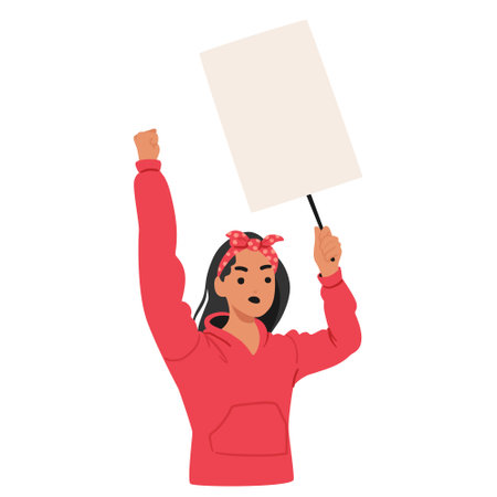 Aggressive Woman Character Raising Fist And Holding A Blank Placard, Possibly At A Protest Or Rally, Vector Illustrationのイラスト素材