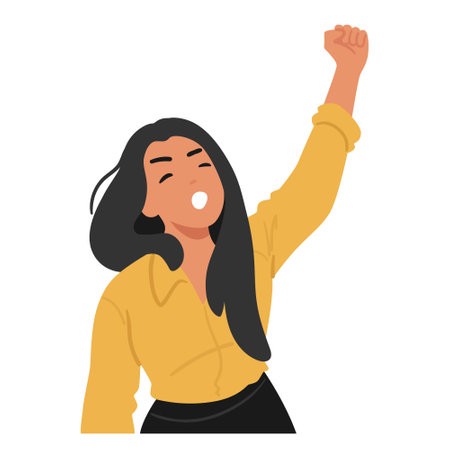 Woman With Long Black Hair Raising Her Fist In A Powerful, Motivational Stance. Aggressive Female Characterのイラスト素材