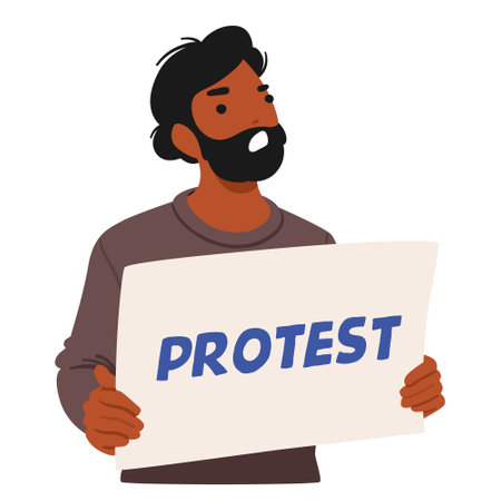 Determined Male Protester Character With A Beard Holds A Blank Sign, Ready To Express His Message, Vector Illustrationのイラスト素材