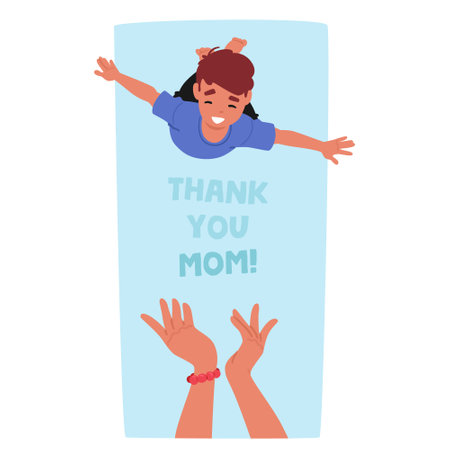 Joyful Young Child Character Leaps Into The Air, Arms Outstretched, Expressing Heartfelt Gratitude To Their Motherのイラスト素材