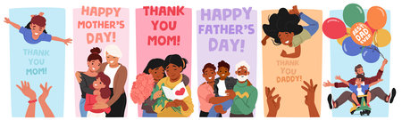 Vibrant Vector Banners Featuring Diverse Families On Mothers And Fathers Day Celebrations, Special Festive Occasionsのイラスト素材