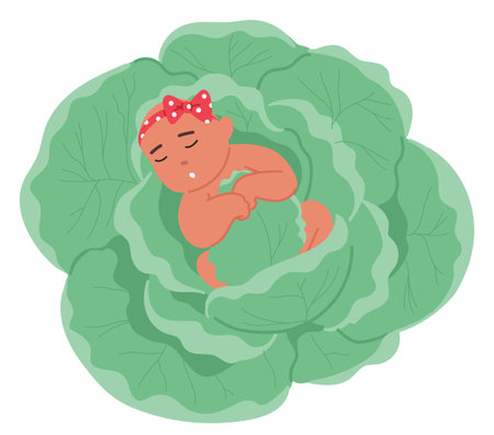 Cute, Peaceful Baby Character With A Polka-dot Bow, Comfortably Napping On A Bed Of Green Cabbage Leaves, Vectorのイラスト素材
