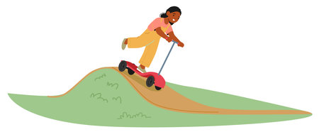 Young African American Girl Riding Scooter Over A Grassy Hill, Conveying A Sense Of Joy And Motion. Cartoon Vector Imageのイラスト素材
