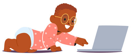 Playful, Inquisitive Baby, Clad In A Polka-dot Onesie And Sporting Oversized Glasses, Reaches Toward A Laptopのイラスト素材