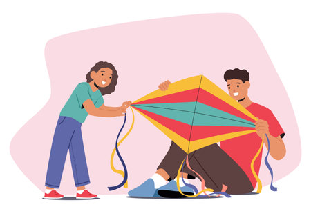 Father and Daughter Engaged In Making A Large, Colorful Paper Kite, Radiate A Sense Of Camaraderie And Enjoymentのイラスト素材